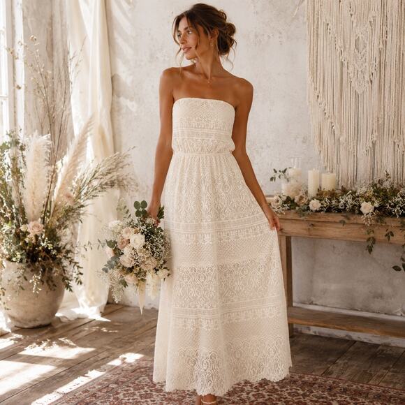 Ultra Flirt Dresses & Skirts - Cream Lace Strapless Maxi Dress Sz M Boho Bridal Coquette Cottage Ultra Flirt
